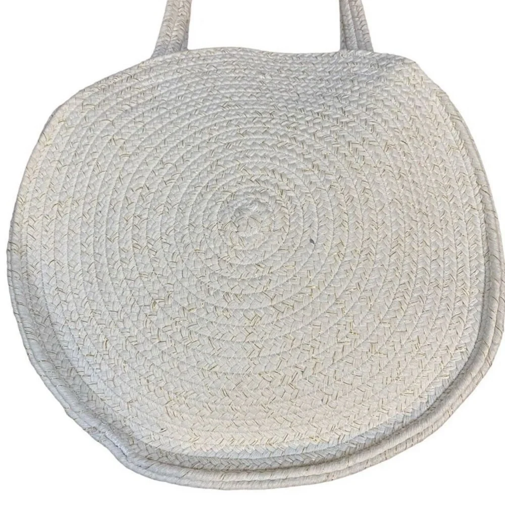 Shiraleah Eve Round Hand Knit Ivory & Gold Large Tote Beach Bag Book Bag